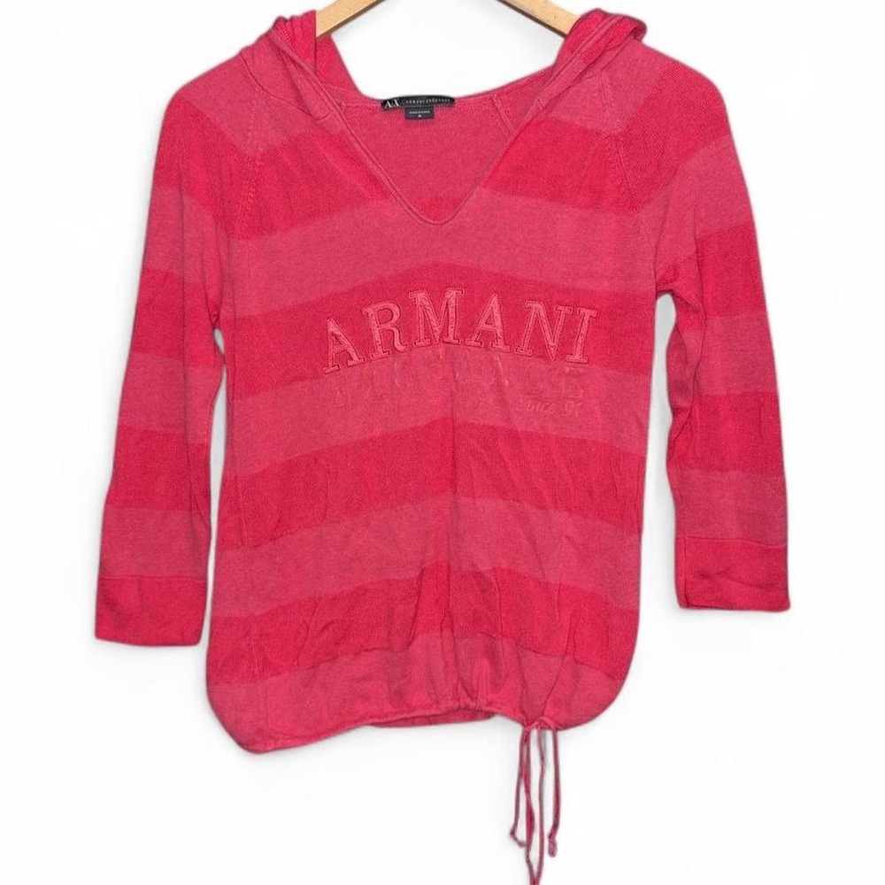 Armani Exchange Sweater M Y2K Mallcore Pink Striped Hooded V Neck Logo Knit